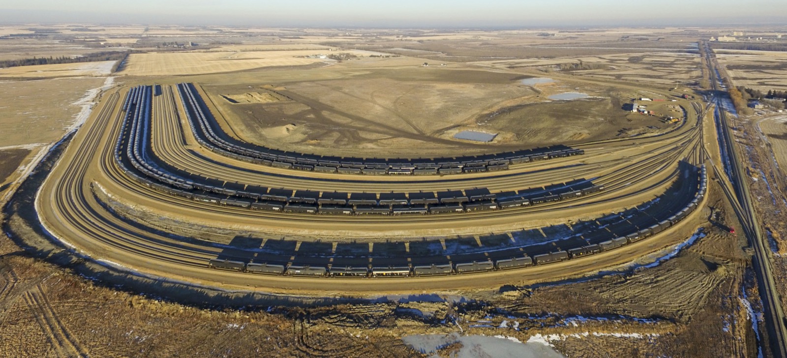 Aerial of the Alberta Midland Railway Terminal loop tracks in Lamont County, Alberta