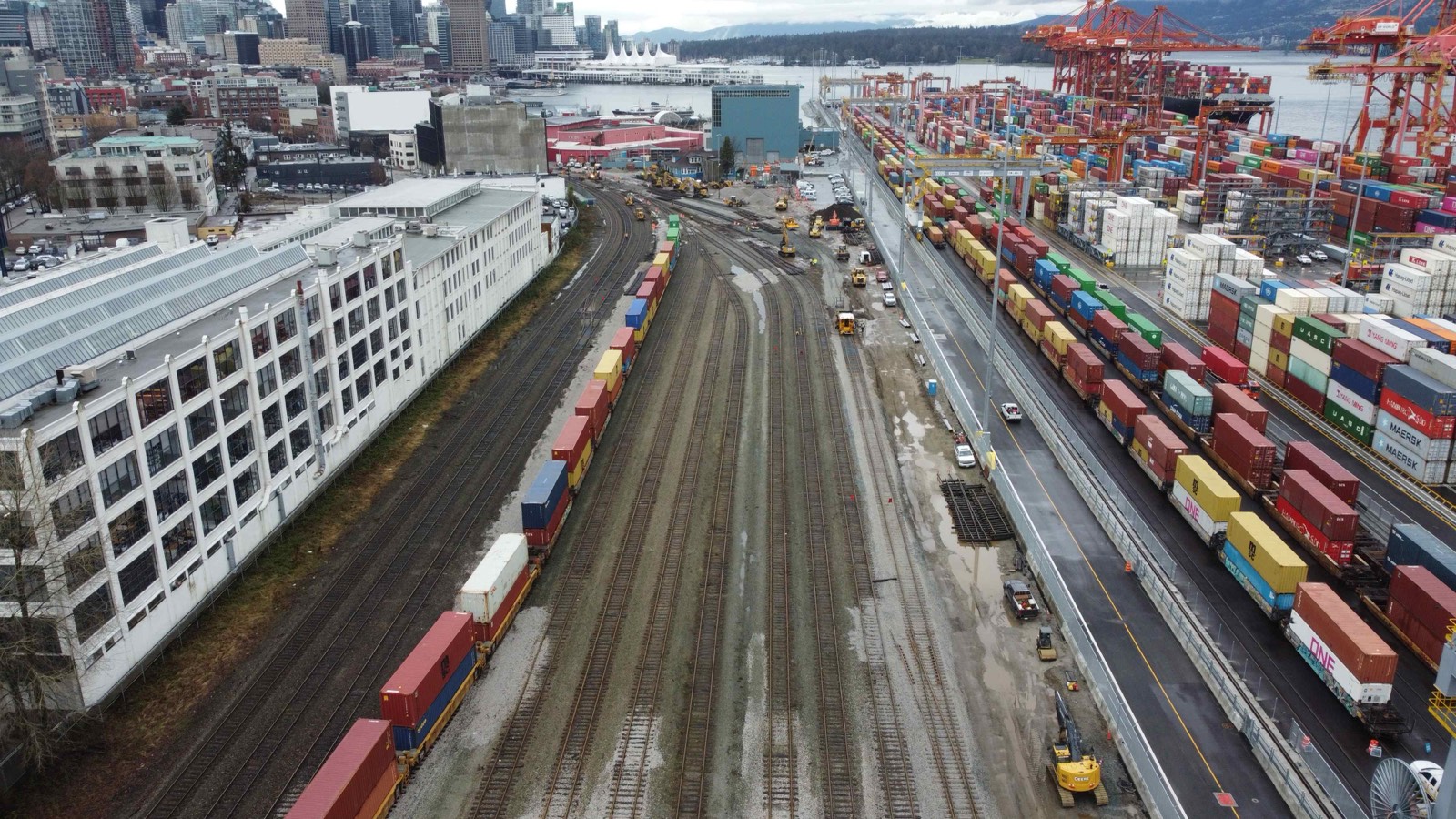 Centerm container terminal and rail yard at the Port of Vancouver, downtown Vancouver beyond